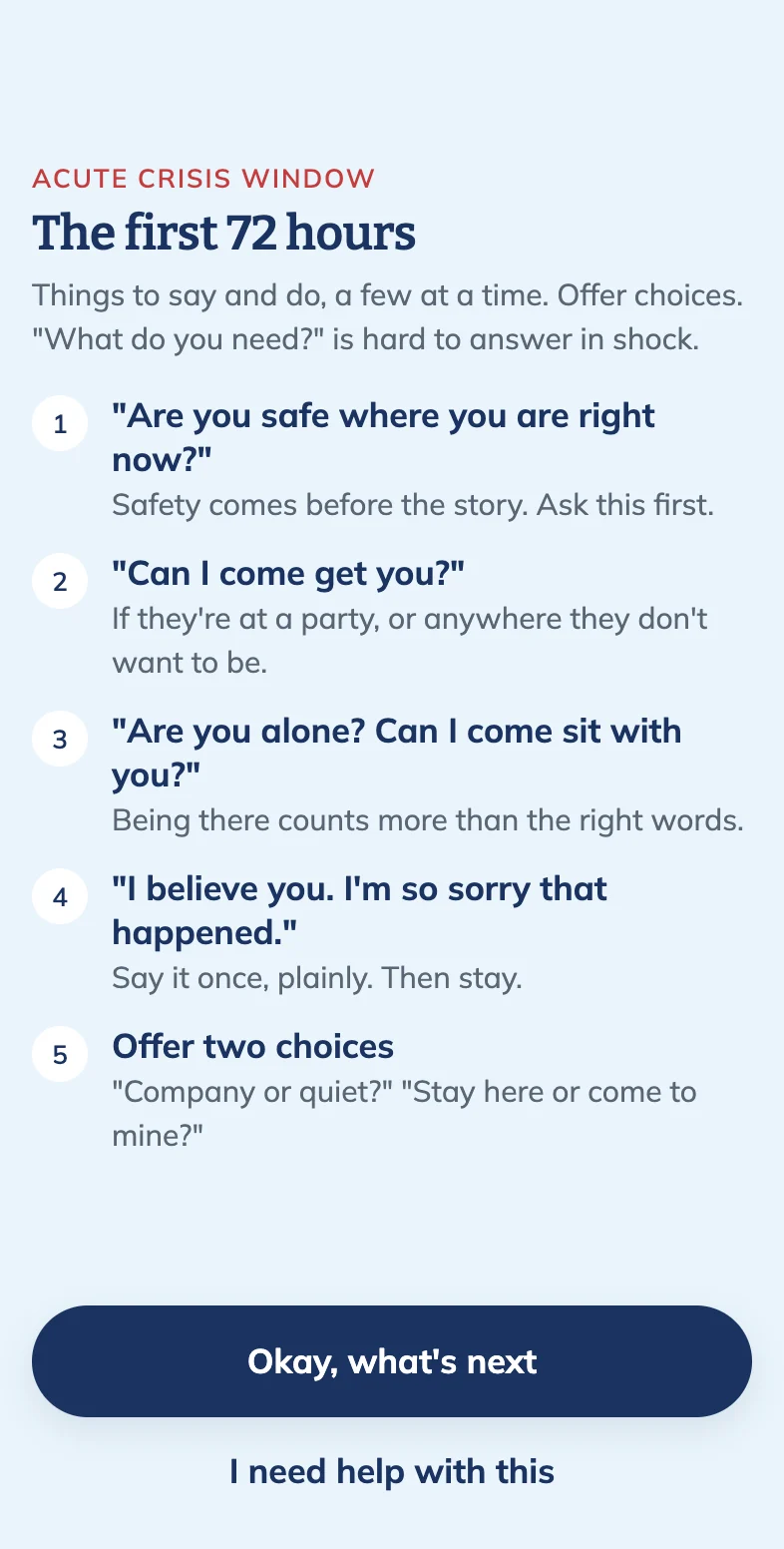 The first 72 hours screen: a numbered list that begins with “Are you safe where you are right now?” and “Can I come get you?”